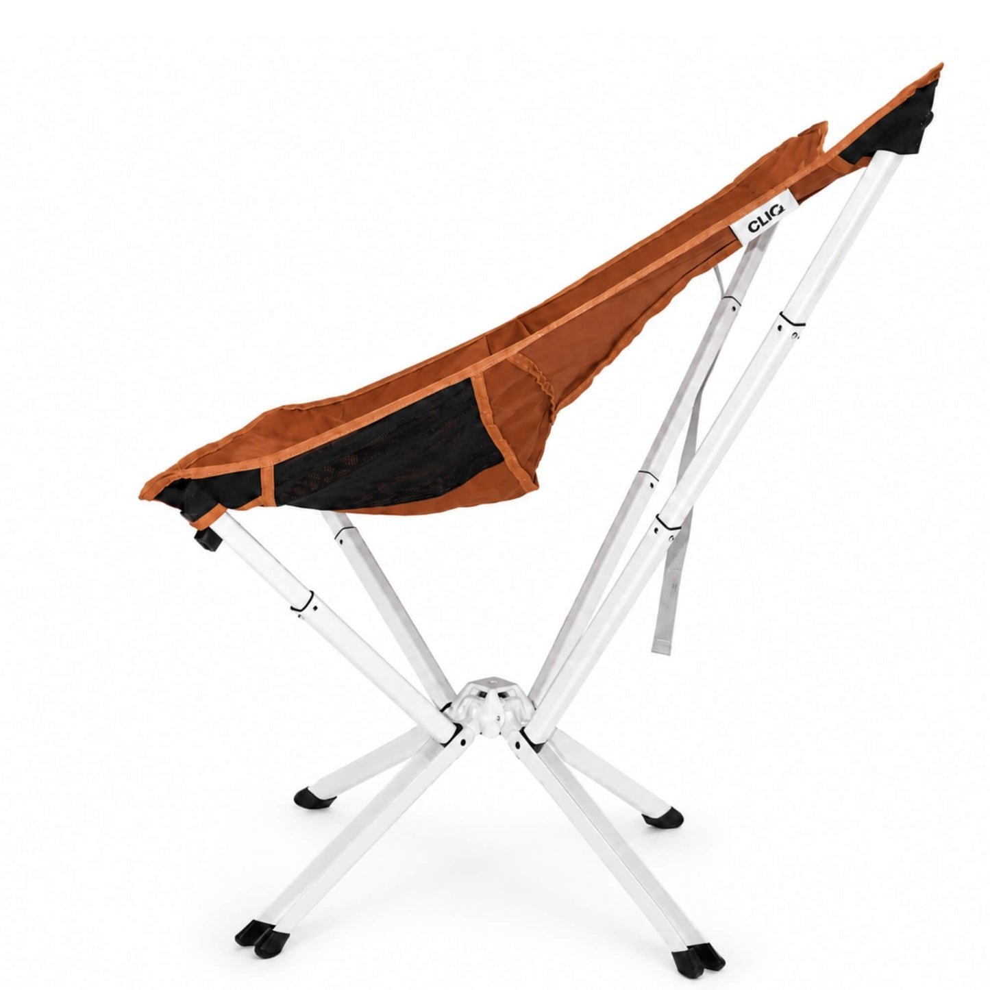 A folding camp chair with a canyon orange and black fabric sling seat and a white metal frame, shown from a three-quarters angle on a white background. Limited Edition MystiQ Canyon Orange- CLIQ