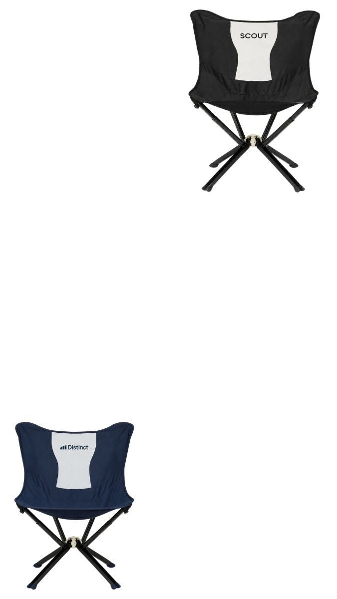 Two folding CLIQ camp chairs shown on a plain white background with custom branded logos 